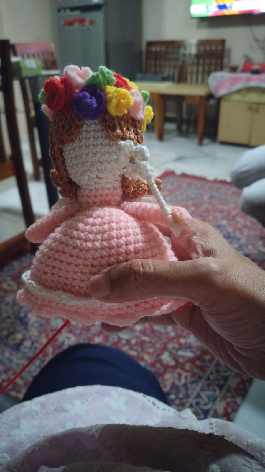 Florabelle the Flower Princess — a crocheted doll in a soft pink dress with a multicoloured flower crown