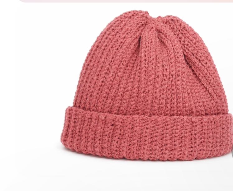 Rosewood Beanie — a solid dusty rose ribbed crocheted beanie with a folded cuff