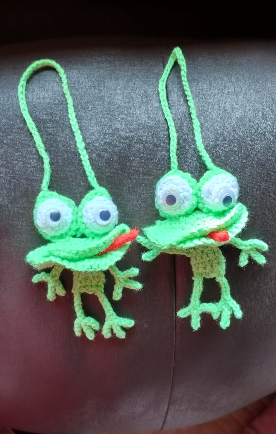 Frog Pair / Curtain Holder — a pair of handcrafted crocheted frog curtain tiebacks