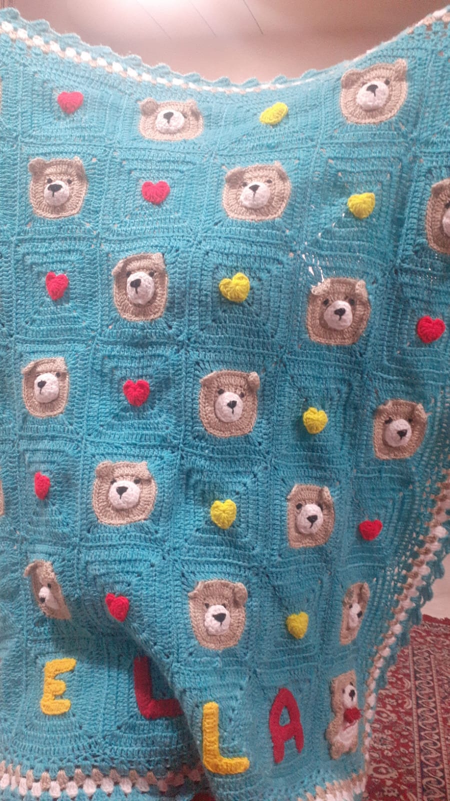 The Heirloom Bear Blanket — a personalised crocheted baby blanket with teddy bear squares and hearts